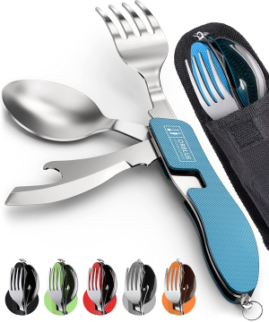 Orblue 2-Pack 4-In-1 Camping Utensils – Portable Stainless-Steel Camping Spoon, Fork, Knife and Can/Bottle Opener – Backpacking Utensils with Case, Orange