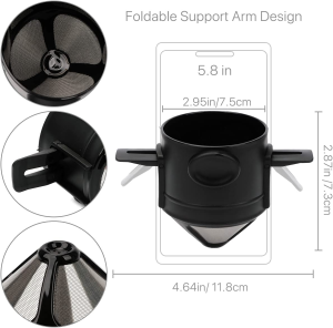 Reusable Pour over Coffee Maker, Stainless Steel Cone Coffee Dripper Filter 1-2 Cup, Paperless with Collapsible Holders for Home Office Travel Camping