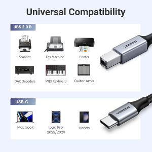 UGREEN Printer Cable USB C to USB B 2.0 Printer Scanner Cord Nylon Braided Type B to Type C Male Wire Compatible with Epson HP Canon Brother Samsung Printer Yamaha Digital Piano Midi Keyboard DAC 3M