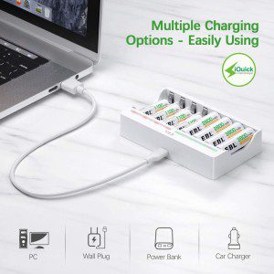 EBL 9010 AA AAA Battery Charger – Independent 8 Bay Charger with High Charging Speed for 1.2V Ni-Mh Ni-Cd Rechargeable Batteries（Usb Cable Provided）