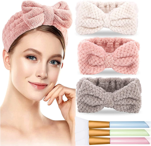 3Pack Makeup Headband with 3Pack Silicone Face Mask Brush, Coral Fleece Skincare Headband Bowtie SPA Headbands Cosmetic Hairlace Wash Yoga Sports Shower Elastic Hair Band for Girls and Women