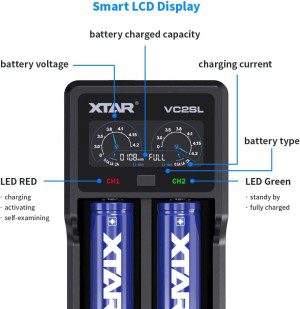 XTAR VC2SL Type C 18650 Battery Charger Universal Intelligent LCD Display 21700 Charger with USB Output for Rechargeable Batteries Li-Ion 18650 21700 18350 16340 14500 Ni-Mh/Ni-Cd a AA AAA