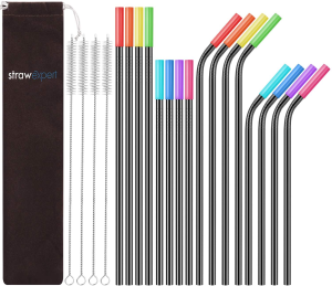 Strawexpert 16 Pack Rose Gold Reusable Metal Straws with Silicone Tip & Travel Case & Cleaning Brush,Long Stainless Steel Straws Drinking Straw for 20 and 30 Oz Tumbler