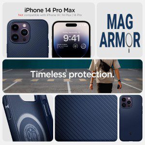 SPIGEN Mag Armor (Magfit) Case Designed for Apple Iphone 14 Pro Max (2022)[6.7-Inch] Mag Safe Compatible Magnetic Ring Cover – Navy Blue