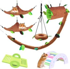 LZYMSZ 7PCS Hamster Hanging Warm Bed, Rat Hanging Bed House Forest Pattern Cage Toy Small Animals Cage Nest Accessories, Hamster Hammock Tunnel Swing Set for Parrot Ferret Squirrel Hamster Playing