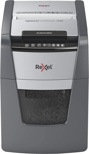 Rexel Optimum Auto Feed+ 100 Sheet Automatic Micro Cut Paper Shredder, P-5 Security, Home/Home Office, 34 Litre Removable Bin, 2020100MAU