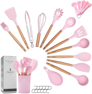 ZCOINS 18+6 PC Silicone Cooking Utensils Set with Wooden Handles & Holder Kitchen Gadgets Kitchen Utensil Set, Pink Collection