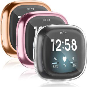 [3 Pack] Meliya Screen Protector Compatible with Fitbit Versa 3 Case and Fitbit Sense Case, TPU Plated Full around Protective Case Cover for Fitbit Versa 3 / Fitbit Sense Smartwatch (Rose Gold+Rose Pink+Clear)