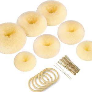 Donut Hair Bun Maker 7 Pieces, Teenitor Ring Style Bun Maker Set with (1 Extra-Large, 2 Large, 2 Medium and 2 Small), 5 Pieces Hair Elastic Bands, 20 Pieces Hair Pins, Dark Brown