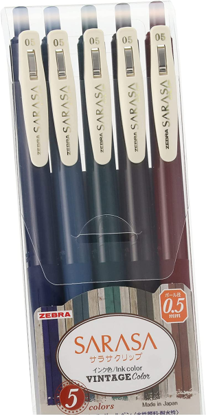 ZEBRA Sarasa Clip Gel Ink Ballpoint Pen 0.5Mm, Rubber Grip, Vintage Colors, 5 Colors Set (JJ15-5C-VI)