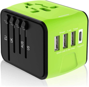 Disgian Travel Adapter, Universal International Power Adapter with 3USB Port and Type-C International Wall Charger Worldwide AC Power Plug for Multi-Nation Travel UK, EU, AU over 200 Countries (Green)