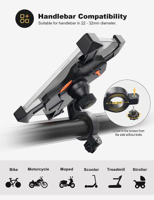 Bike Phone Mount Grefay Universal Motorcycle Cell Phone Holder Smartphone Clamp 360° Rotatable for Iphone 14/13/12/11/X Pro Max, Galaxy S10E/10/9/8/7+ Edge, and 3.5″-6.5″ Other Devices