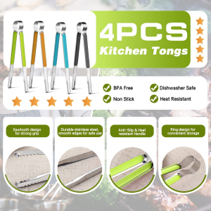 4Pcs Stainless Steel Kitchen Tongs, Serving Tongs for Cooking, 10″ Metal Food Tongs with Non-Slip Comfort Grip, Non-Stick Cooking Tongs High Heat Resistant BBQ Tongs Grill Tongs for Barbecue Grilling