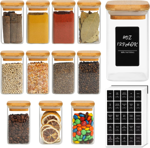 Comsaf 12Pcs Glass Spice Jars with Bamboo Lid, 8Oz Airtight Square Containers with 275 Black Lables, Empty Seasoning Jars for Spice Salt Sugar