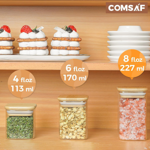 Comsaf 12Pcs Glass Spice Jars with Bamboo Lid, 8Oz Airtight Square Containers with 275 Black Lables, Empty Seasoning Jars for Spice Salt Sugar