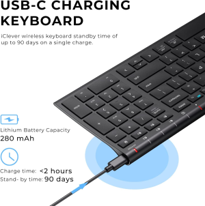 Iclever BK10 Bluetooth Keyboard, Multi Device Keyboard Rechargeable Bluetooth 5.1 with Number Pad Ergonomic Design Full Size Stable Connection Keyboard for Ipad, Iphone, Mac, Ios, Android, Windows