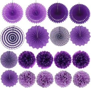 ZERODECO Party Decoration, 21 Pcs Purple and Lavender Hanging Paper Fans, Pom Poms Flowers, Garlands String Polka Dot and Triangle Bunting Flags for Birthday Parties, Bridal Showers, Baby Showers, Wedding, Mermaid Party