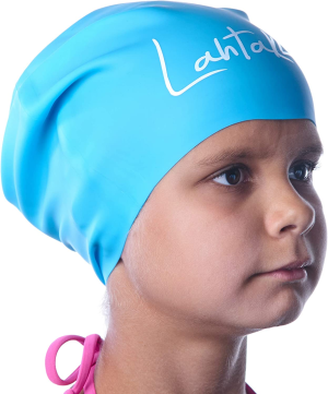 Swim Caps for Long Hair Kids – Swimming Cap for Girls Boys Kids Teens with Long Curly Hair Braids Dreadlocks – 100% Silicone Hypoallergenic Waterproof Swim Hat (Aqua Blue M)