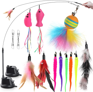 Hianjoo Cat Feather Toys, Interactive Teaser Cat Wand Toy Set 15 Pcs, 2 Upgraded Powerful Sticky Suction Cup with Flexible Wands 2 Connector 11 Replacement Pendants Having Fun Chasing Exercise Playing