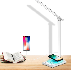 LED Desk Lamp 12W with Fast Wireless Charger & USB Charging Port, Led Desk Light with 35 Dimmable Adjustable Lighting, 40Min/1Hr Timer, Eye-Caring Bedside Lamp for Home Office, Reading, Study