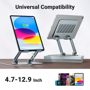 UGREEN Tablet Stand Holder for Desk Dual Rod Support Aluminum Desktop Tablet Holder Adjustable Foldable Dock Multi-Angle Riser Compatible with Ipad Pro 12.9, 9.7, 10.5, Ipad Air Mini 4 3 Grayish-Blue