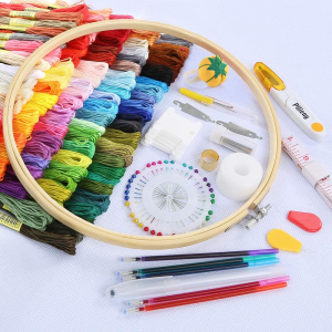 Pllieay Full Range of Embroidery Starter Kit with Instructions, 5 Pieces Bamboo Embroidery Hoops, 100 Colors Threads, 3 Pieces Aida Cloth and Cross Stitch Tools Kit for Sewing