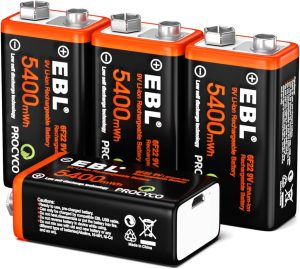 EBL USB Rechargeable 9V Lithium Batteries – 5400Mwh Long Lasting Li-Ion Batteries with Micro Charging Cable – Quick Charge in 2 Hours (4 Pack)