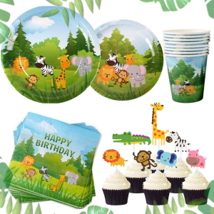 Jevenis 58 PCS Jungle Animals Party Supplies Jungle Party Plates Cups Napkins Jungle Birthday Party Supplies Jungle Party Favors Jungle Animals Cupcake Toppers