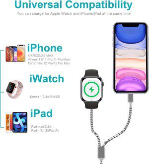 Watch Charger Cable 2 in 1 Smartwatch Charging Docks, Nylon Braided Watch Charger Cable Compatible for All Watch Series 8/SE/7/6/5/4/3/2/1, for Phone 14/13/12/11/Pro/Max/Xr/Xs/Xs Max/X, for Pad 2/3/4