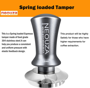 NEOUZA Coffee Tamper Spring Loaded for Espresso Machine Anti-Stick Self-Leveling,Stainless Steel Flat Base,Refined Aluminium Handle (58Mm, Silver Gray Matte)