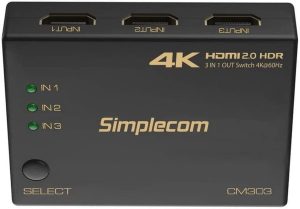 Simplecom CM303 Ultra HD 3 Way HDMI Switch 3 in 1 Out Splitter 4K@60Hz, Black