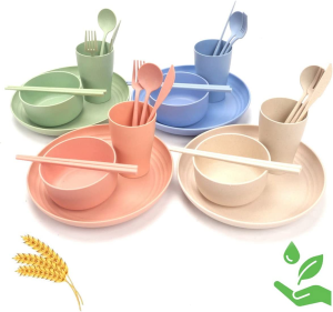 WFPOWER 28Pcs Wheat Straw Dinnerware Serving Set (Bowls, Cups, Plates, Chopsticks, Forks, Spoons) Perfect for Camping Picnic RV Dorm Lightweight Unbreakable Microwave & Dishwasher Safe (Plain)