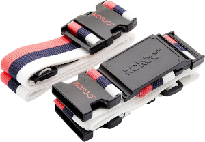 Korjo Crossed Luggage Straps, Includes 2 Travel Luggage Straps and Korjo Cross-Bridging Buckle, Red/White/Blue