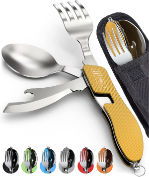 Orblue 2-Pack 4-In-1 Camping Utensils – Portable Stainless-Steel Camping Spoon, Fork, Knife and Can/Bottle Opener – Backpacking Utensils with Case, Orange