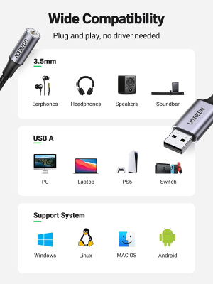 UGREEN USB to 3.5Mm Audio Jack, USB a Sound Card Adapter Support Mic TRRS Headphone DAC Chip USB to Aux Nylon Braided Cable Compatible with Windows Mac Linux PC Laptops PS5 PS4 Switch Speaker 9.8 Inch