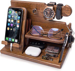 Wood Phone Docking Station Ash Key Holder Wallet Stand Watch Organizer Men Gift Husband Wife Anniversary Dad Birthday Nightstand Purse Father Graduation Male Travel Idea Gadgets (Brown)