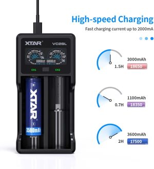 XTAR VC2SL Type C 18650 Battery Charger Universal Intelligent LCD Display 21700 Charger with USB Output for Rechargeable Batteries Li-Ion 18650 21700 18350 16340 14500 Ni-Mh/Ni-Cd a AA AAA