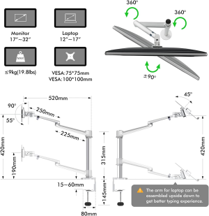 Viozon Monitor and Laptop Mount, 2-In-1 Adjustable Dual Arm Desk Mounts Single Desk Arm Stand/Holder for 17 to 32 Inch LCD Computer Screens, Extra Tray Fits 12 to 17 Inch Laptops (Silver)