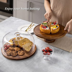 ANBOXIT Cake Stand with Dome Lid, Acacia Wood Cake Plate with Cover, Wooden Cake Display Stand with Acrylic Dome (Footed)