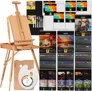 VISWIN French-Style Easels, Holds Canvases up to 34″, Studio & Field Sketch Box Easel with Level Instrument & Scale Leg, Beech Wood Portable French Easel Stand for Painting, Sketching