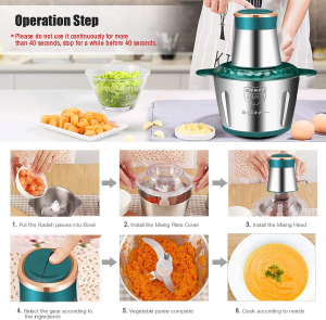 Yueme Electric Food Chopper – 3L Home Kitchen Garlic Mincer & Food Blender with 4 Sharp Blades, Fast & Slow 2-Speed Stainless Steel Vegetable Processor, for Fruit, Onion, Peanut, Ginger, Chili, Nuts