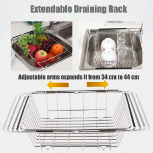 FOREVERIE Expandable Kitchen over Sink Drainer, Strainer Basket, Cutlery Drainer, Wire Dish Drainer Rack, 201 Stainless Steel Dish Drying Rack, Adjustable Rustproof Drain Basket for Cutlery Utensils Fruit and Vegetible