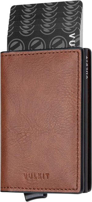 VULKIT Card Holder Pop up Slim Wallet Leather RFID Blocking Card Case up to 8 Credit Cards Brown