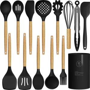 14 Pcs Silicone Cooking Utensils Kitchen Utensil Set – 446°F Heat Resistant,Turner Tongs,Spatula,Spoon,Brush,Whisk, Wooden Handles Blue Kitchen Gadgets Tools Set for Nonstick Cookware (BPA Free)