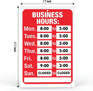 Open Signs, Business Hours Sign Kit – Bright Red and White Colors – Includes 4 Double Sided Adhesive Pads and a Black Number Sticker Set – Ideal Signs for Any Business, Store or Office