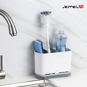 JOMOLA Kitchen Sink Caddy Organizer Sponge Holder Dish Scrub Brush Caddy with Drain Tray and Dividers Countertop Dish Wand Holder for Dishwashing Scrubber Toothbrush Scraper Gray