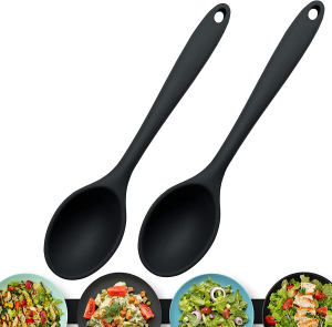 Silicone Serving Spoons, Silicone Spoons for Cooking, Non-Stick Mixing Spoons 27 Cm, Seamless Silicone Spoon 27 Cm | Resistant to 250℃ High Heat | Dishwasher Safe | Set of 2 (2X Black)