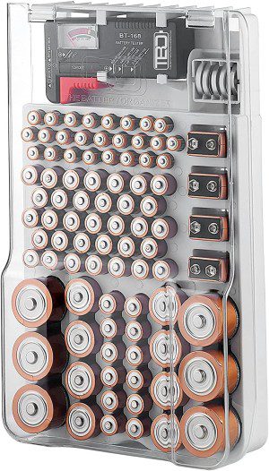 The Battery Organizer Storage Case with Hinged Clear Cover, Includes a Removable Battery Tester, Holds 93 Batteries Various Sizes