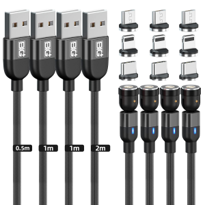 BIG+ Magnetic Charging and Data Cable with 540° Rotating Head [4 Pack Various Size] QC3.0A Magnetic Fast Charging and Data Cable. Compatible with All Smartphones, USB Type C and Micro USB