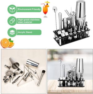 Cocktail Shaker Set Boston Shaker Set Stainless Steel Bartender Kit with Acrylic Stand Cocktail Booklet Professional Bar Tools for Drink Mixing, Home, Bar, Party, 4 Whiskey